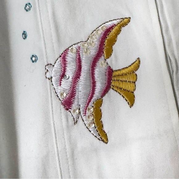 Quacker Factory Embroidered Jacket 1X White Fish Sea Life Tropical Beach Sequins - Picture 8 of 16